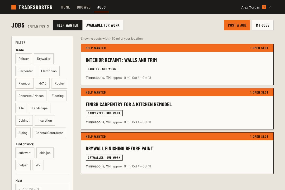 Demo jobs board showing help-wanted posts with the trade, location, and dates needed.